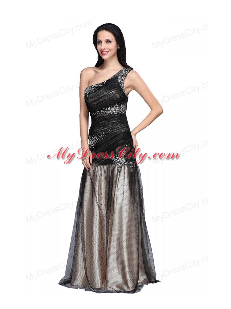 Sexy Column One Shoulder Ruching Criss Cross Black Tulle Prom Dress