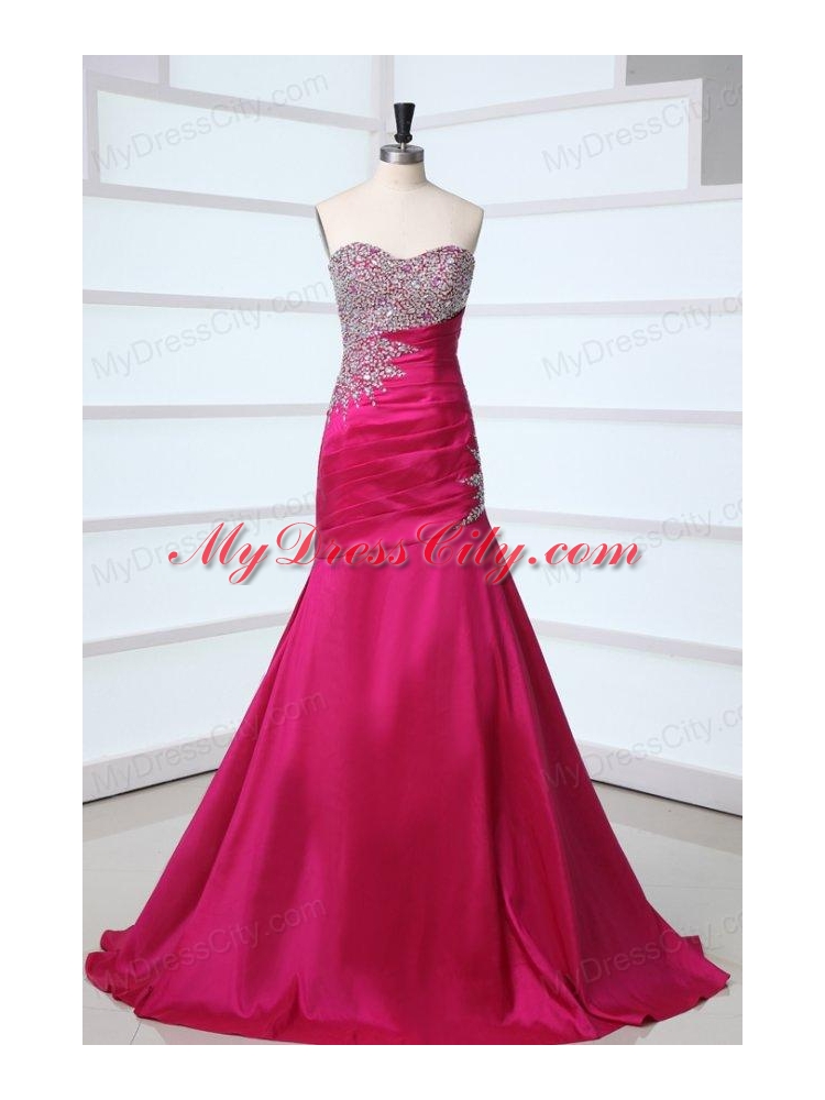 Side Zipper Beaded Sweetheart Mermaid Prom Dress in Hot Pink