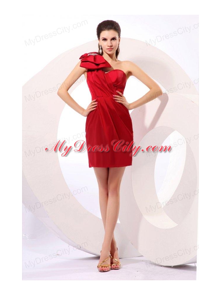 Simple Column One Shoulder Mini-length Bowknot Taffeta Red Prom Dress