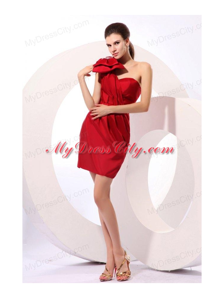 Simple Column One Shoulder Mini-length Bowknot Taffeta Red Prom Dress