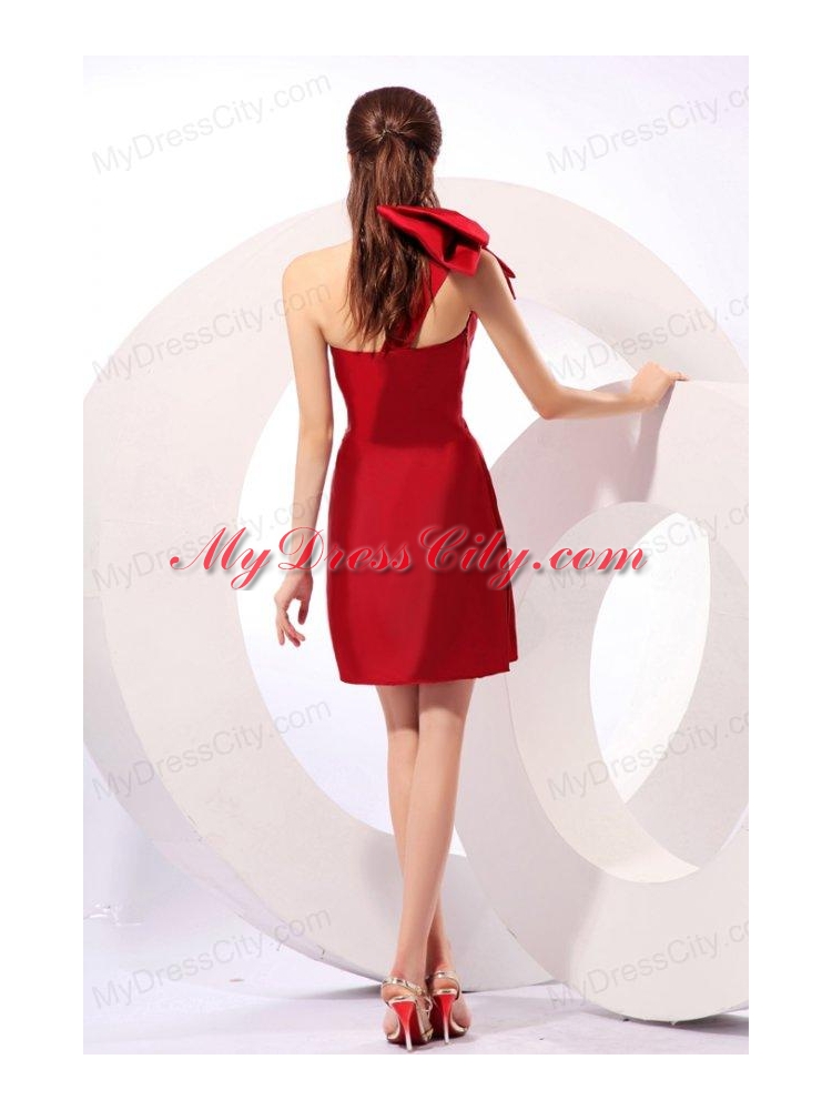 Simple Column One Shoulder Mini-length Bowknot Taffeta Red Prom Dress