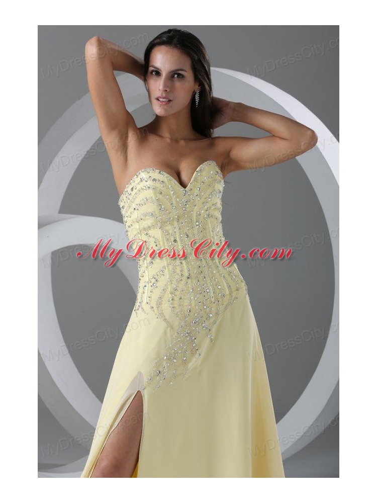 Sweep Train High Slit Light Yellow Prom Dress with Beading