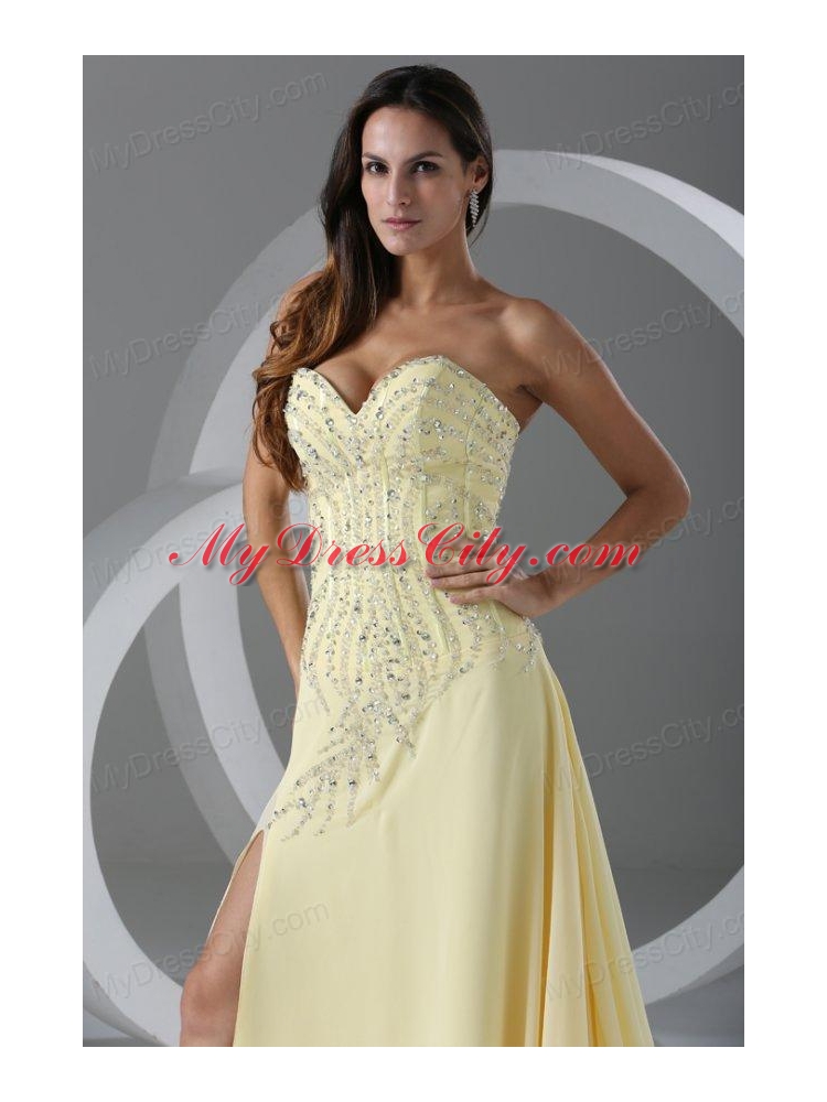 Sweep Train High Slit Light Yellow Prom Dress with Beading