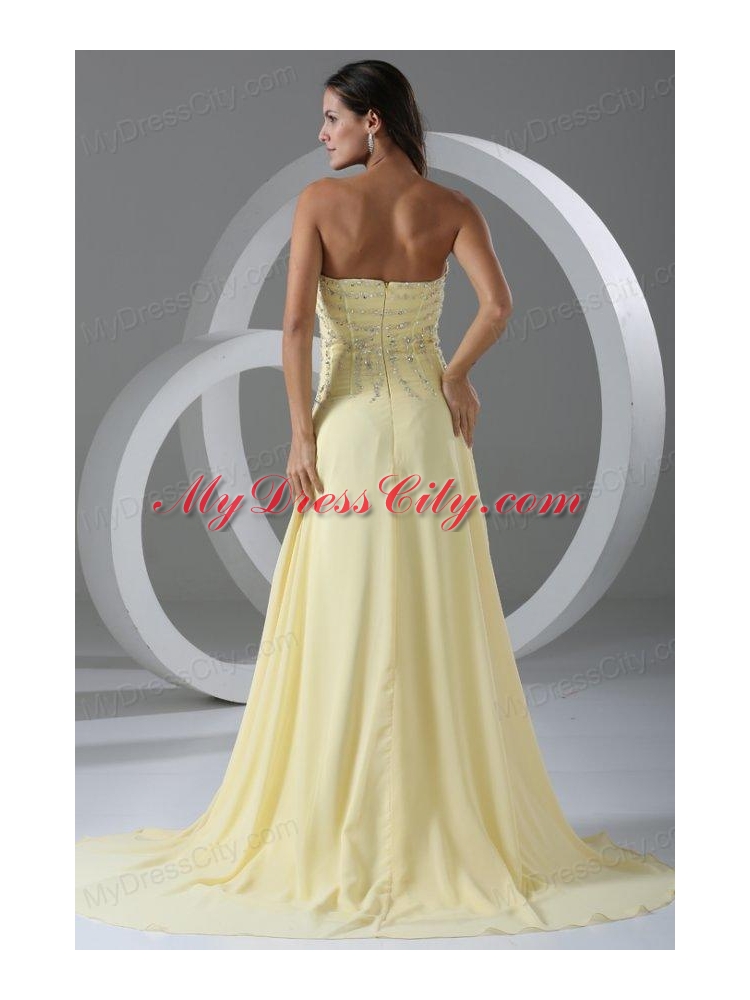 Sweep Train High Slit Light Yellow Prom Dress with Beading