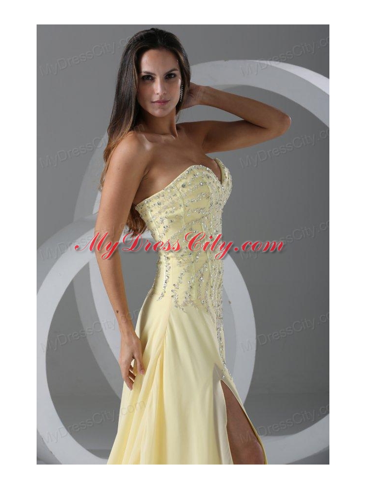 Sweep Train High Slit Light Yellow Prom Dress with Beading