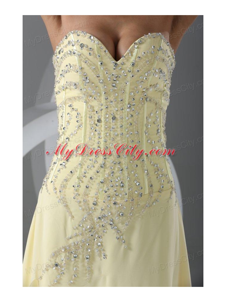 Sweep Train High Slit Light Yellow Prom Dress with Beading