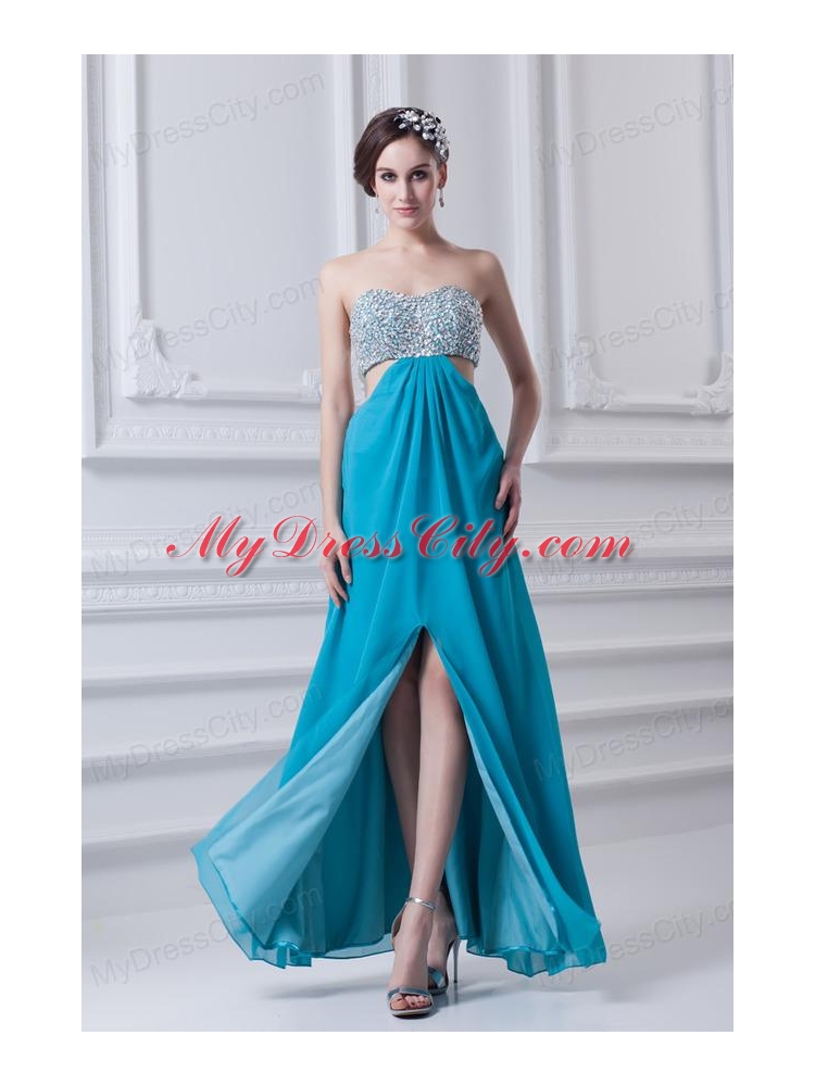 Sweetheart Deep Sky Blue Chiffon Prom Dress with Beading