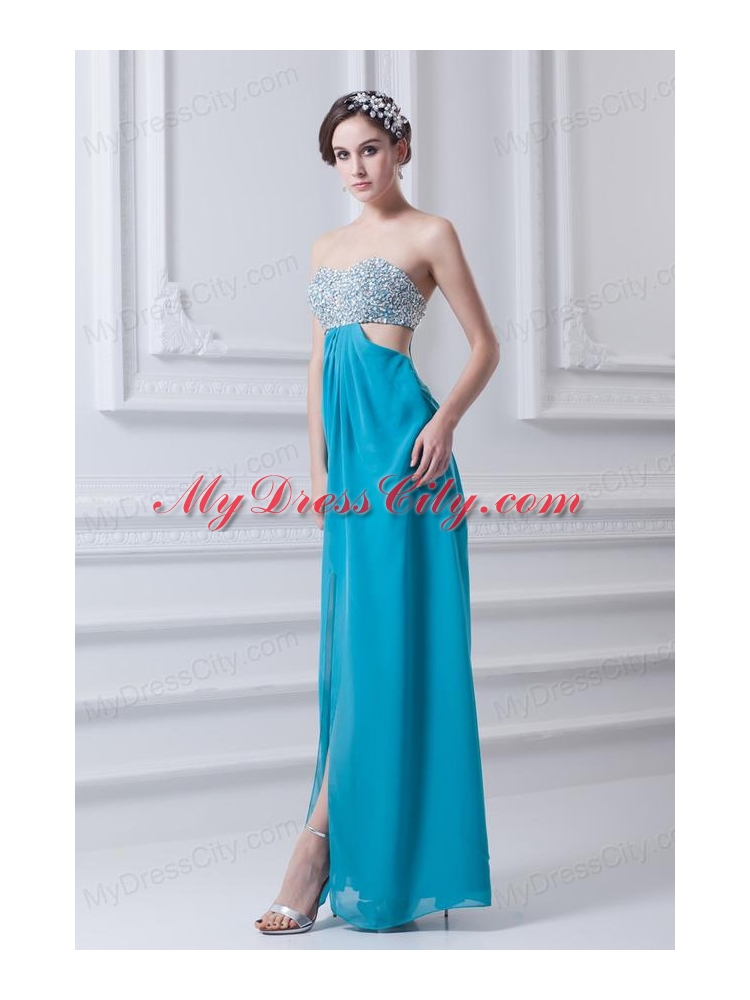 Sweetheart Deep Sky Blue Chiffon Prom Dress with Beading