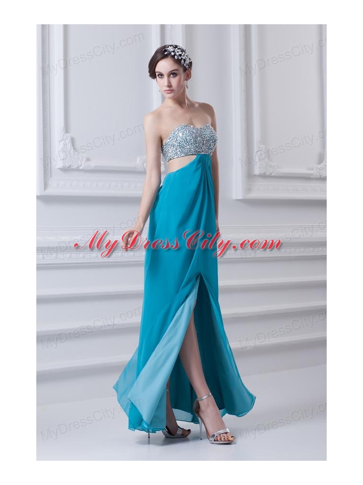 Sweetheart Deep Sky Blue Chiffon Prom Dress with Beading