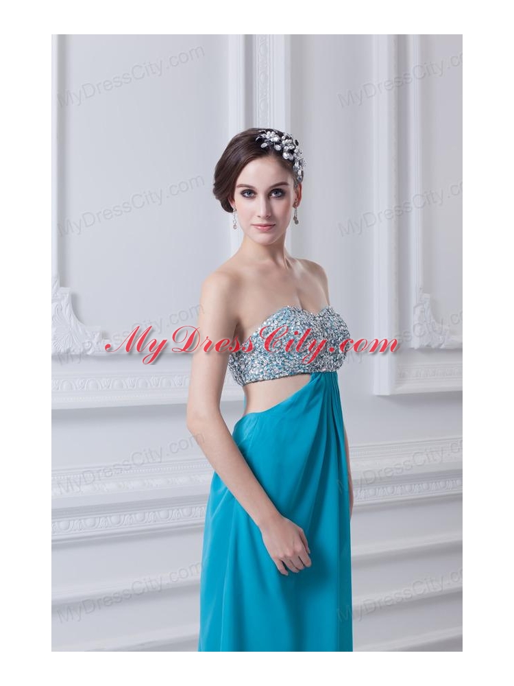 Sweetheart Deep Sky Blue Chiffon Prom Dress with Beading