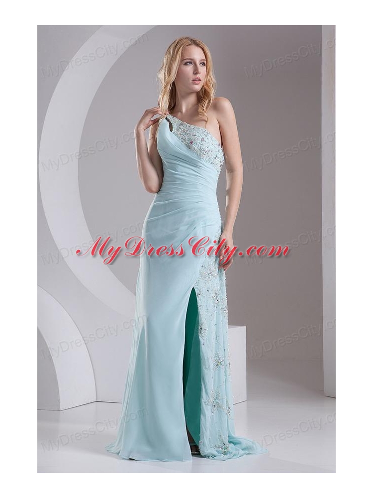 Column One Shoulder Chiffon Beading High Slit Prom Dress in Light Blue