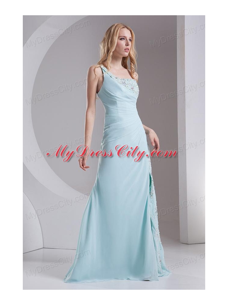 Column One Shoulder Chiffon Beading High Slit Prom Dress in Light Blue