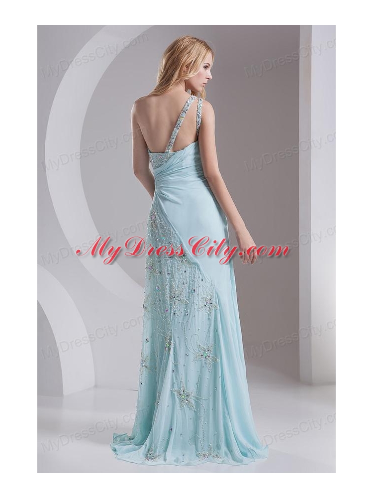 Column One Shoulder Chiffon Beading High Slit Prom Dress in Light Blue