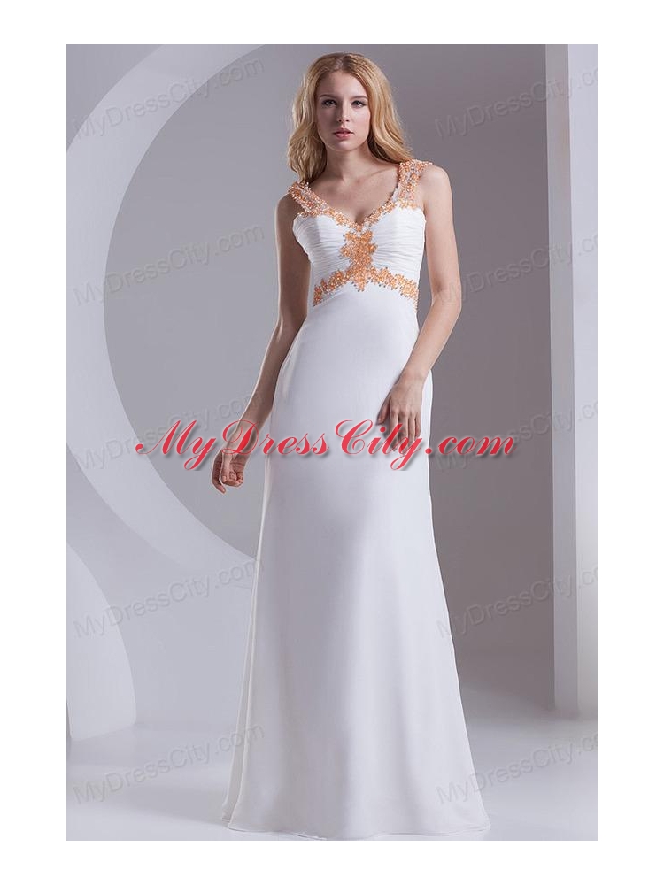 Column Straps Chiffon Appliques and Ruching White Prom Dress