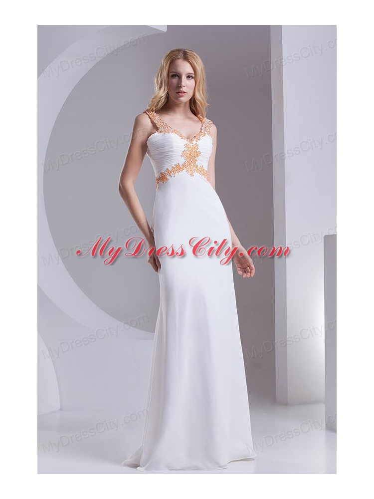 Column Straps Chiffon Appliques and Ruching White Prom Dress