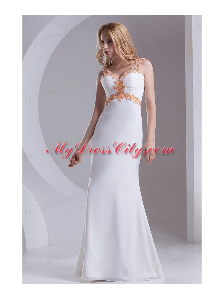 Column Straps Chiffon Appliques and Ruching White Prom Dress