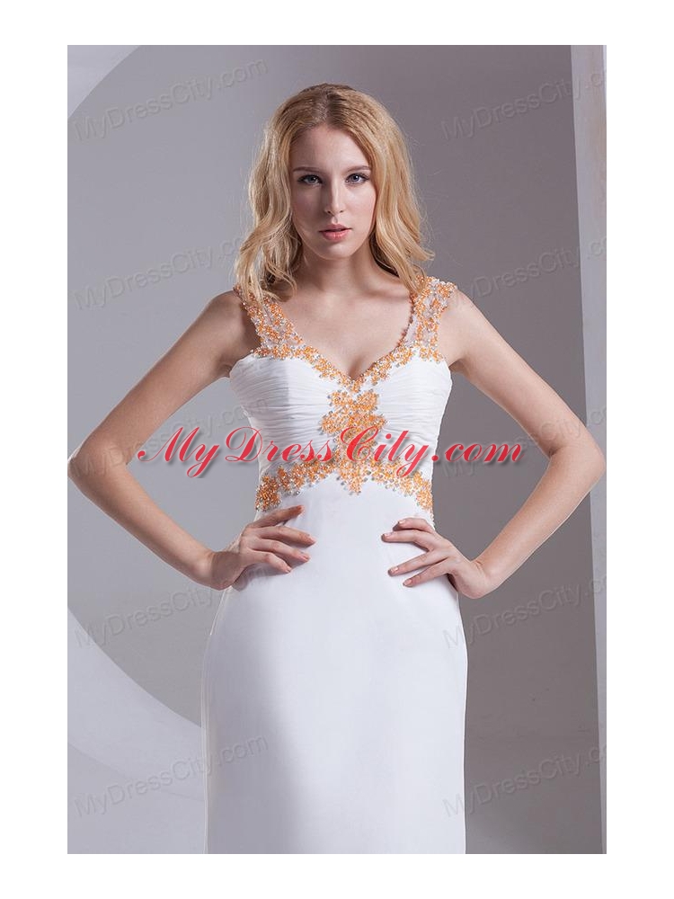 Column Straps Chiffon Appliques and Ruching White Prom Dress