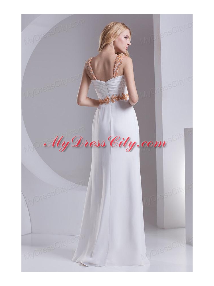 Column Straps Chiffon Appliques and Ruching White Prom Dress