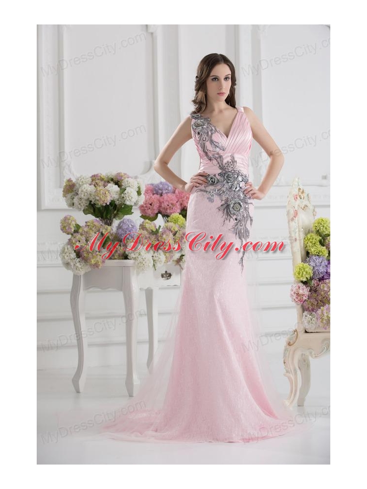 Column Straps Lace Appliques Ruching Baby Pink Lace Prom Dress