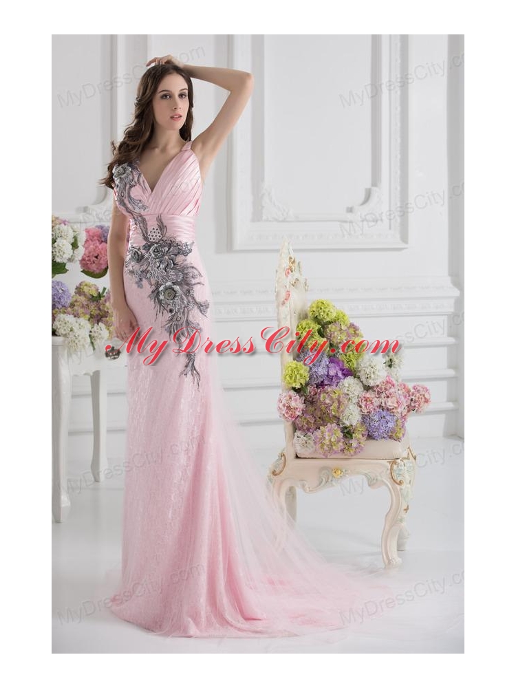 Column Straps Lace Appliques Ruching Baby Pink Lace Prom Dress