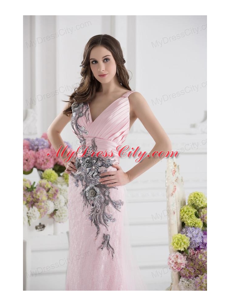 Column Straps Lace Appliques Ruching Baby Pink Lace Prom Dress