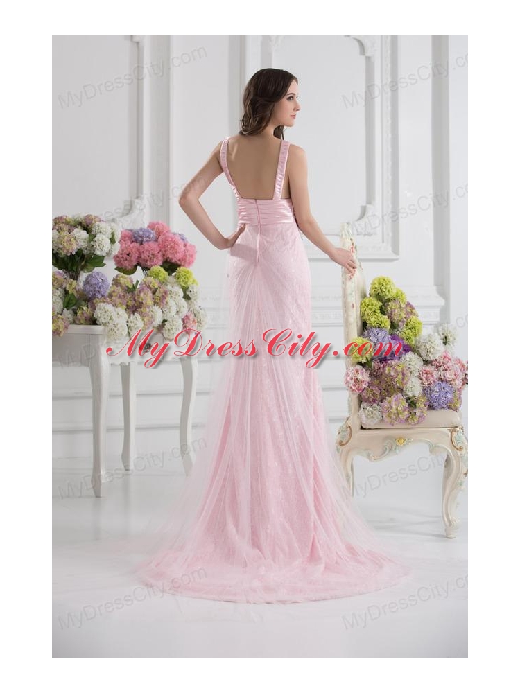 Column Straps Lace Appliques Ruching Baby Pink Lace Prom Dress