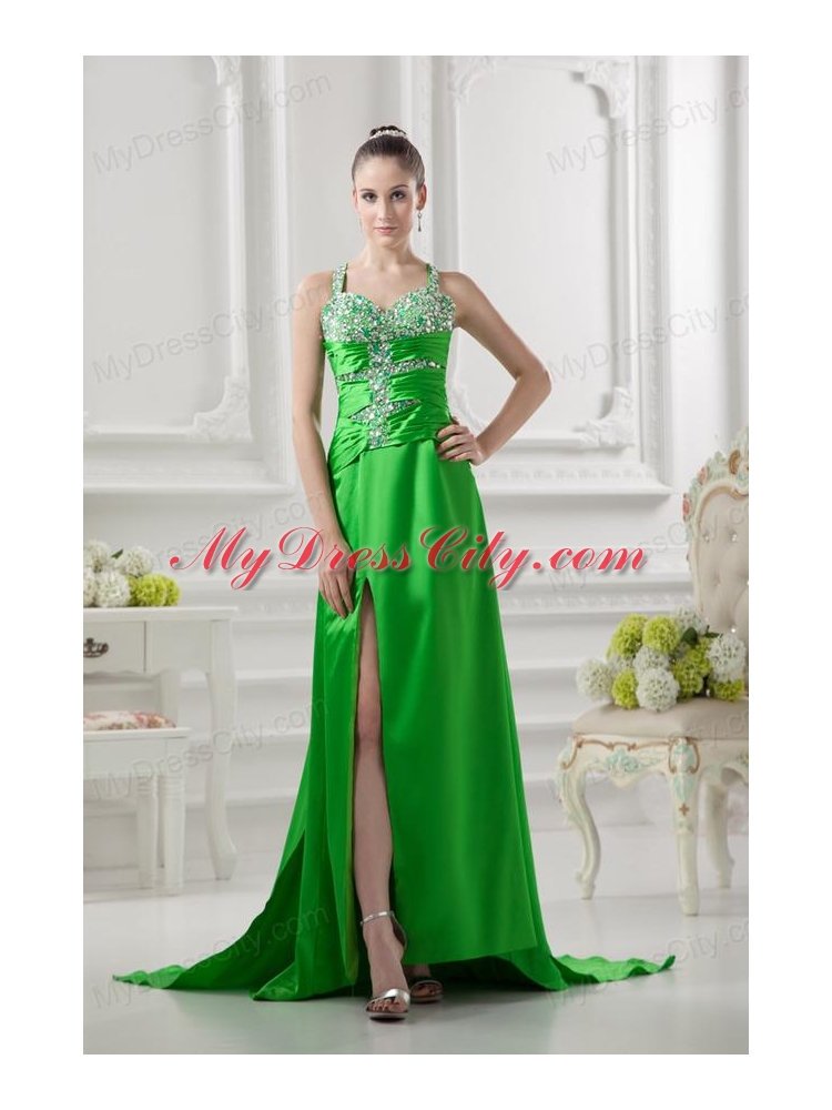 Column Straps Ruching and Beading High Slit Taffeta Prom Dress