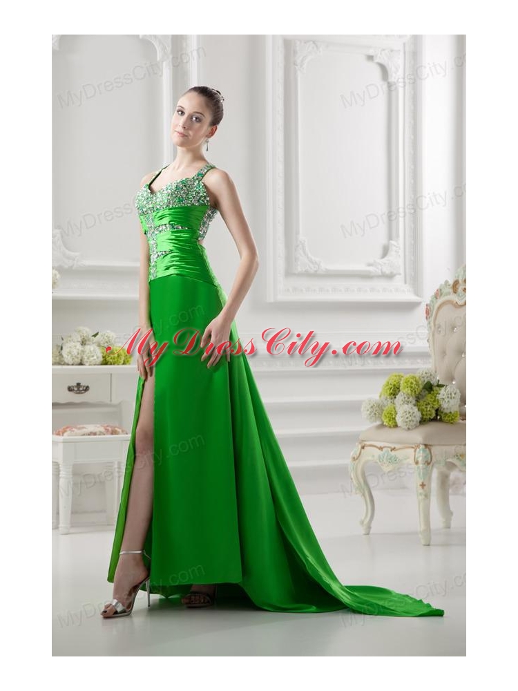 Column Straps Ruching and Beading High Slit Taffeta Prom Dress