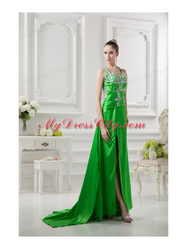 Column Straps Ruching and Beading High Slit Taffeta Prom Dress