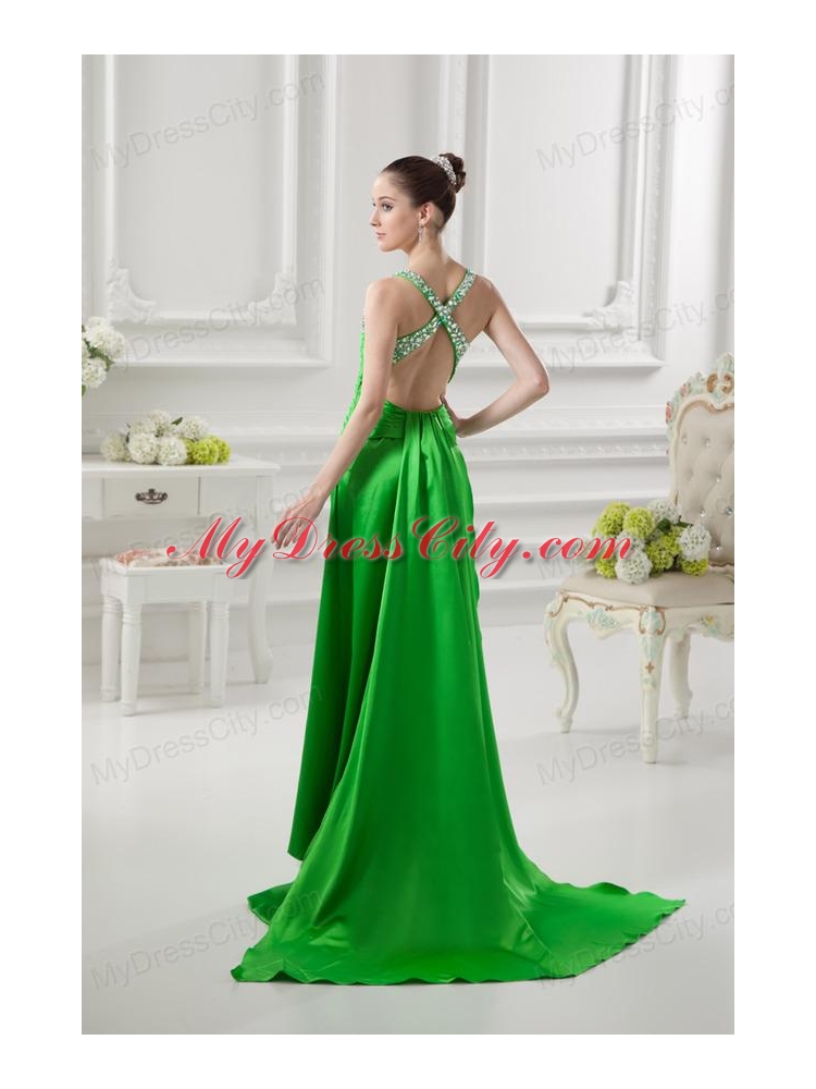 Column Straps Ruching and Beading High Slit Taffeta Prom Dress