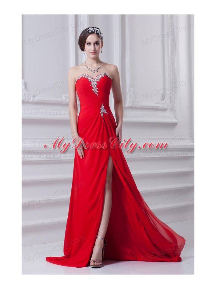 Red Sweetheart High Slit and Beading Prom Dress with Brush Train