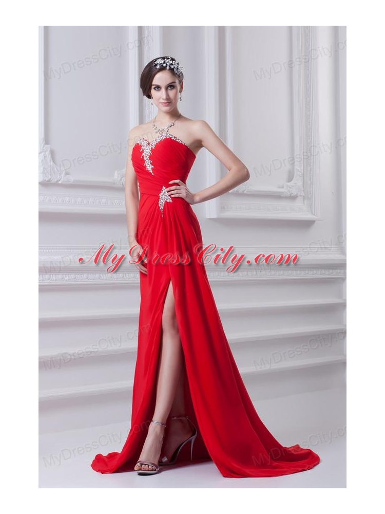 Red Sweetheart High Slit and Beading Prom Dress with Brush Train