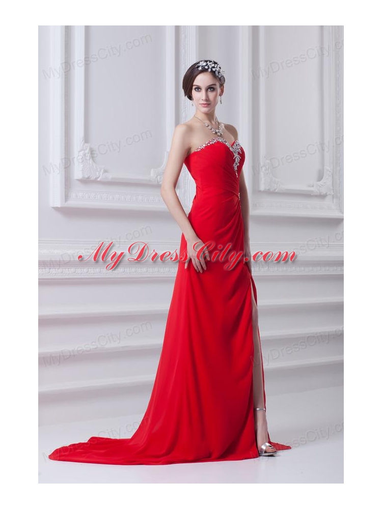 Red Sweetheart High Slit and Beading Prom Dress with Brush Train