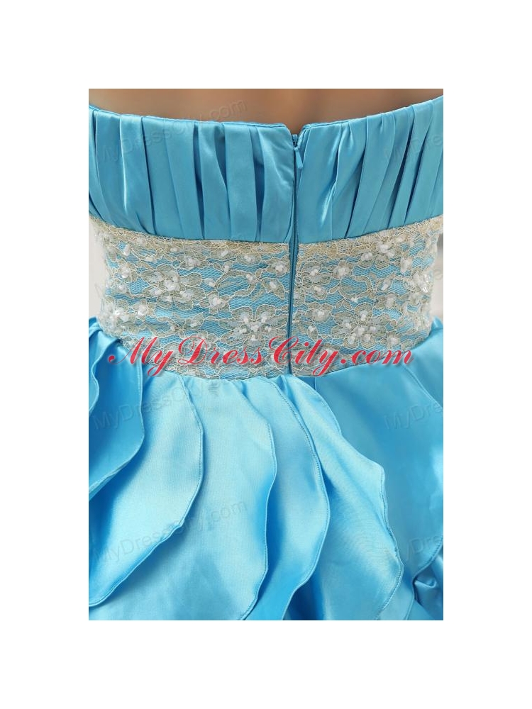 A-line Aqua Blue Halter Top Ruching Ruffles Lace Prom Dress