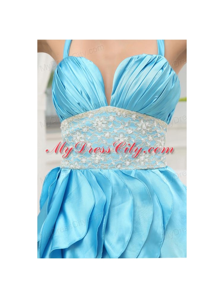 A-line Aqua Blue Halter Top Ruching Ruffles Lace Prom Dress