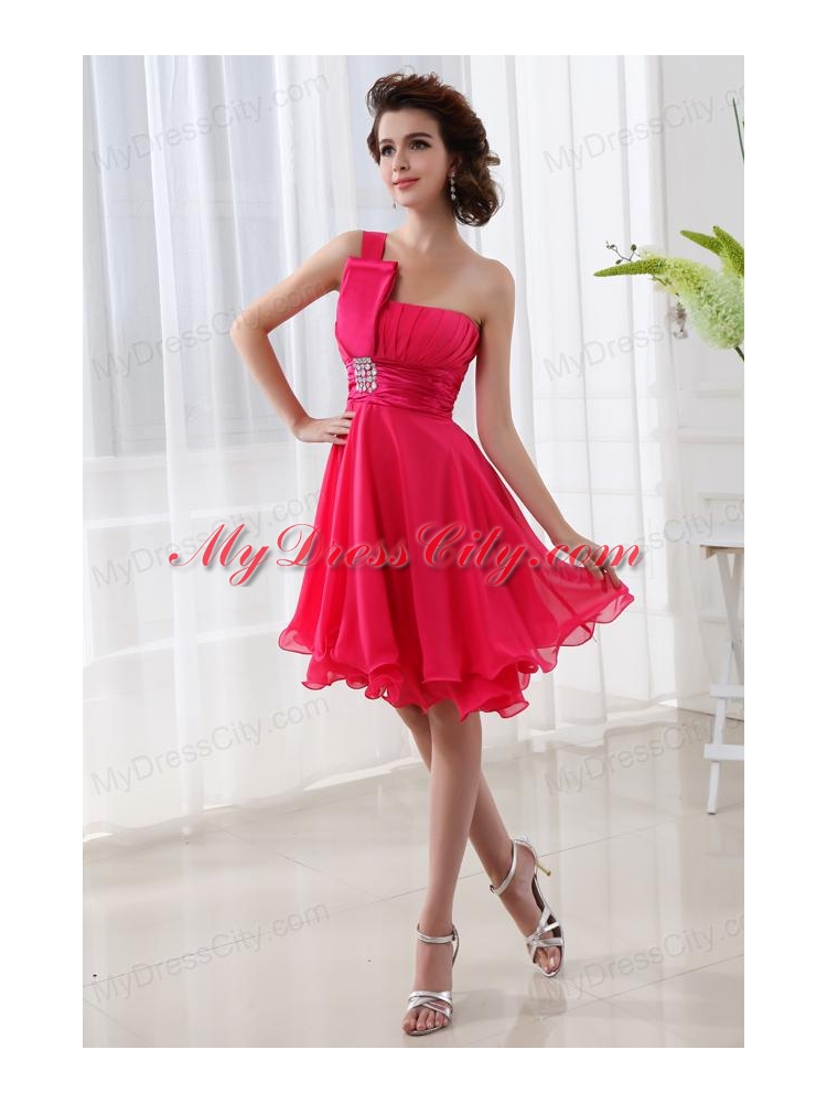 Coral Red A-line One Shoulder Chiffon Ruching Prom Dress