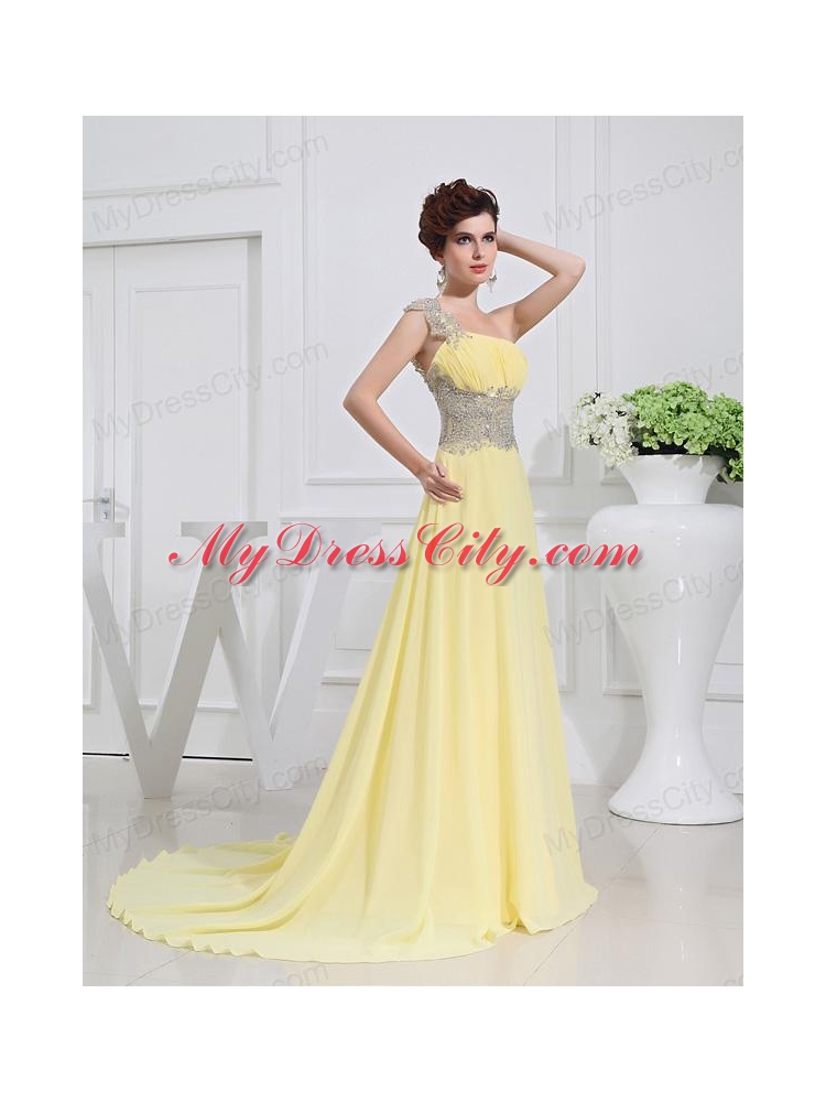 Empire Court Train Yellow Beading One Shoulder Prom Dress