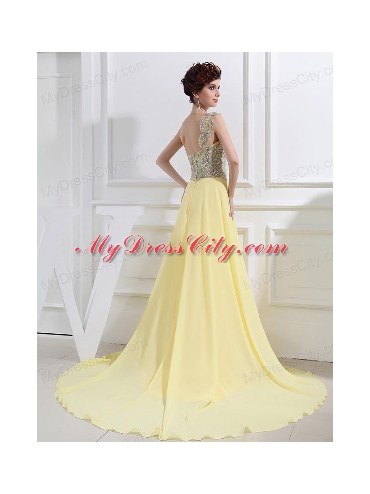 Empire Court Train Yellow Beading One Shoulder Prom Dress