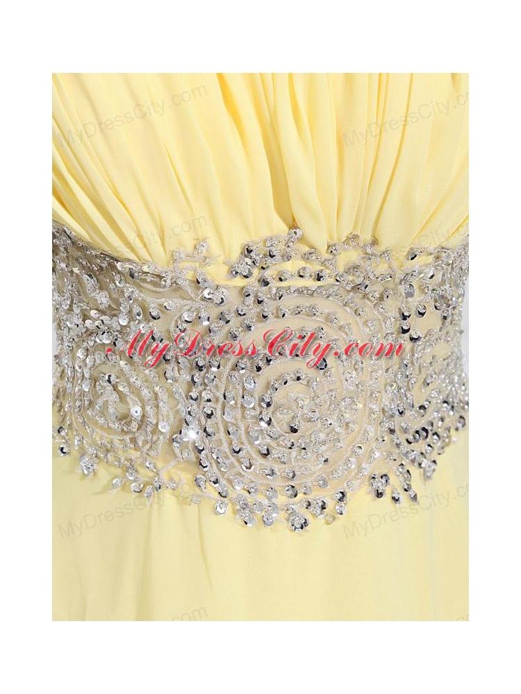 Empire Court Train Yellow Beading One Shoulder Prom Dress