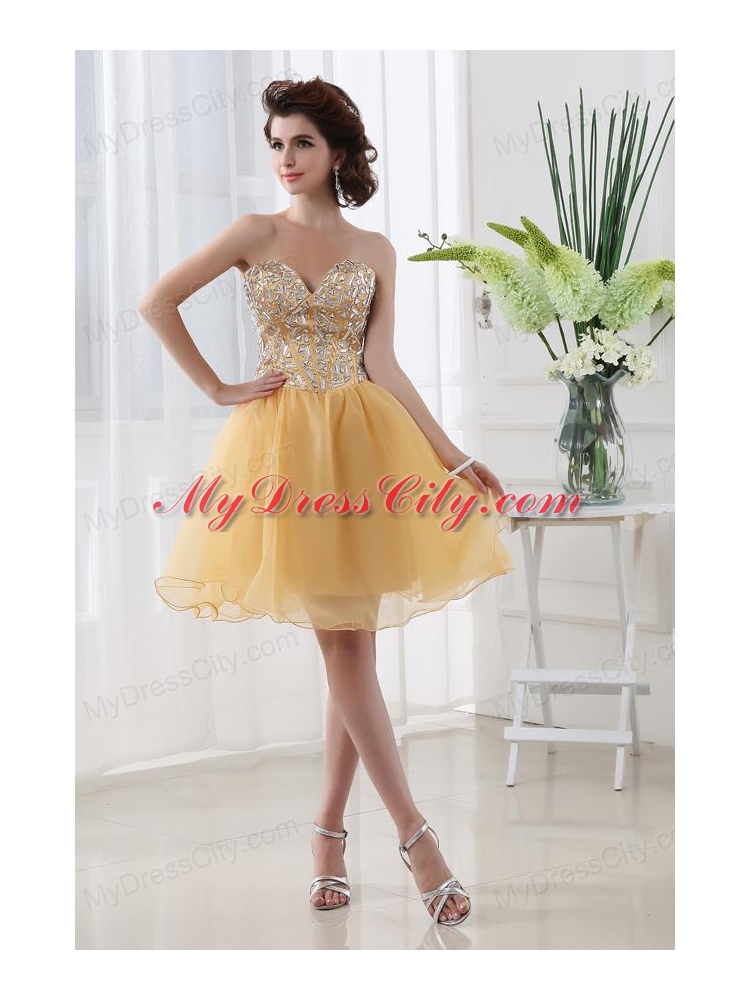 Gold A-line Beautiful Sweetheart Beading Organza Prom Dress