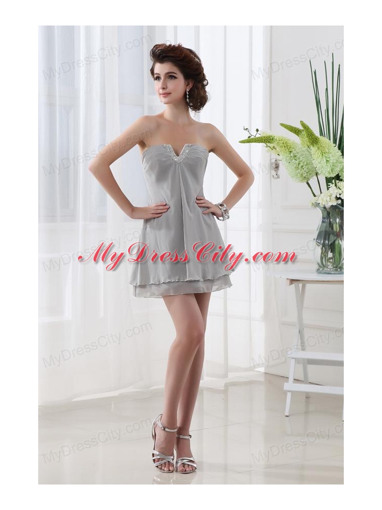 Grey Empire Strapless Mini-length Sleeveless Beadings Chiffon Prom Dress