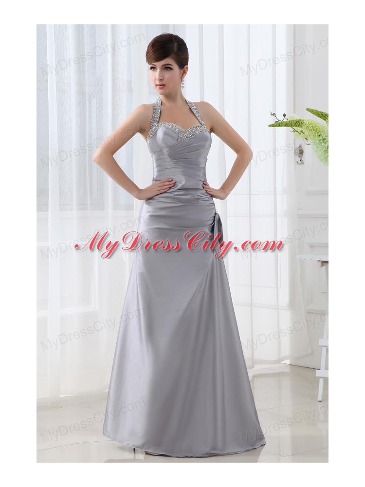 A-line Halter Top Silver Prom Dress with Beading and Ruching