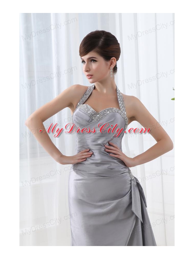 A-line Halter Top Silver Prom Dress with Beading and Ruching