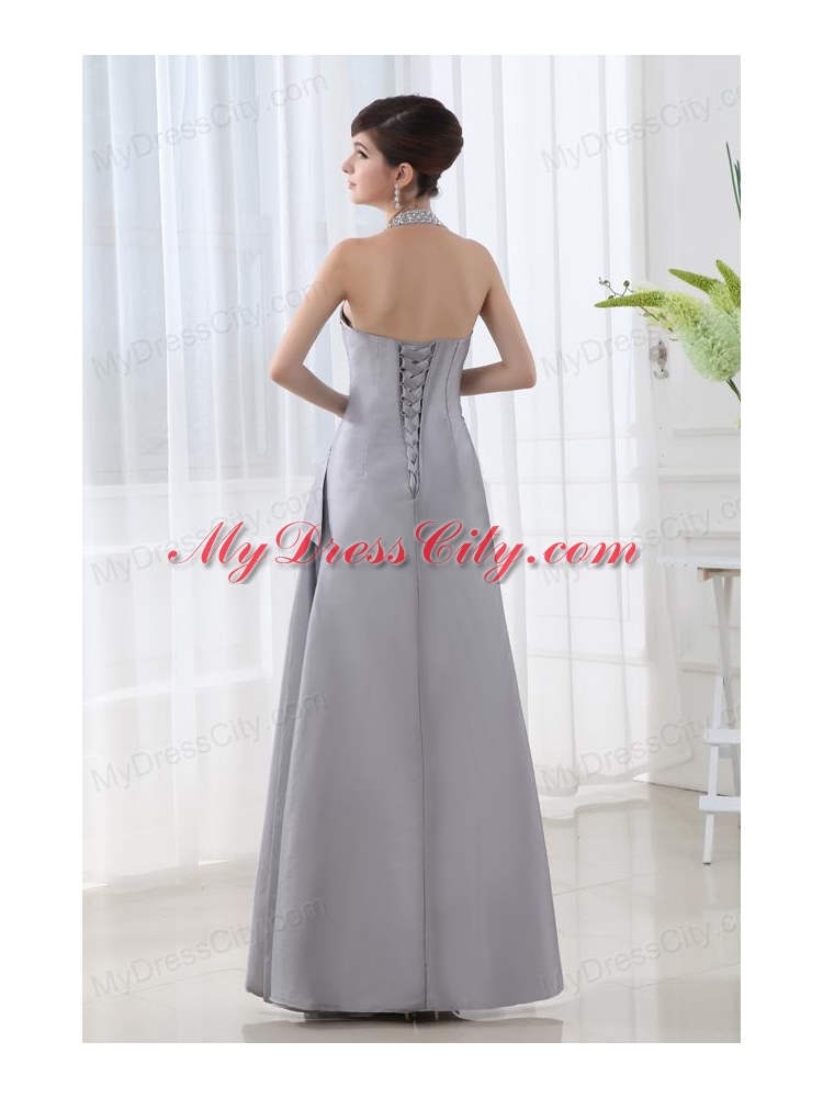 A-line Halter Top Silver Prom Dress with Beading and Ruching