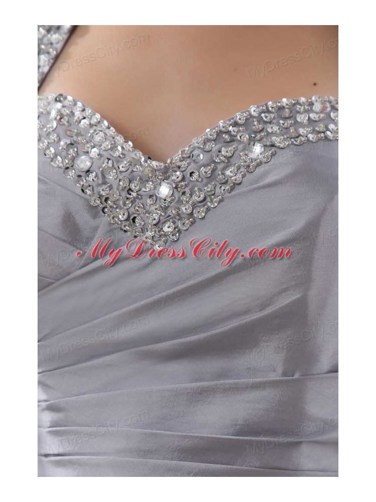 A-line Halter Top Silver Prom Dress with Beading and Ruching