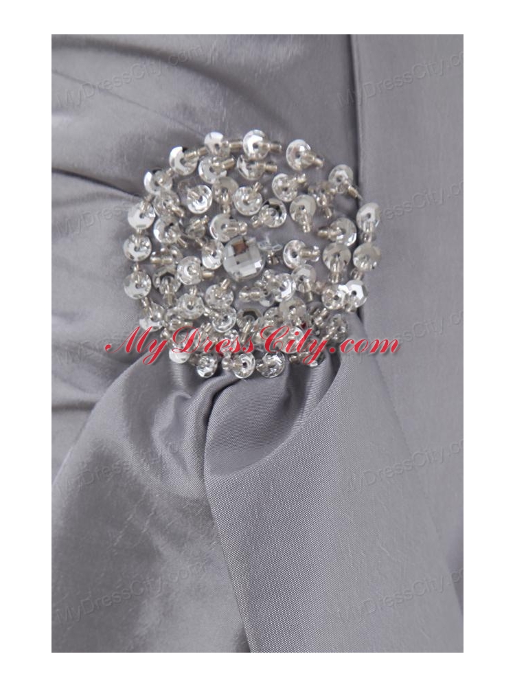 A-line Halter Top Silver Prom Dress with Beading and Ruching