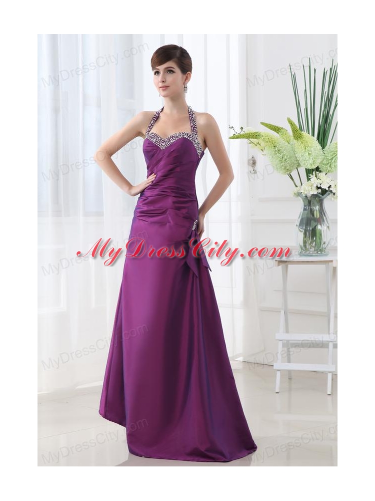 Eggplant Purple Halter Top Beading and Ruching Taffeta A-line Prom Dress