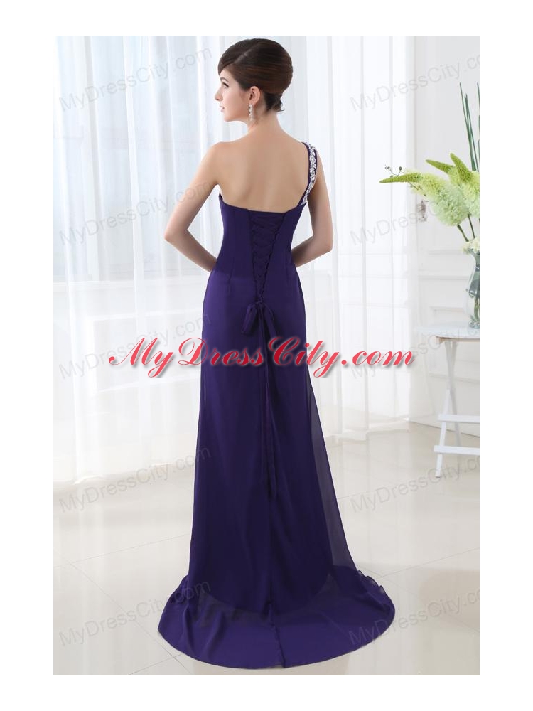 Empire Prom Dress with Ruchings and Beading One Shoulder High Spilt Purple