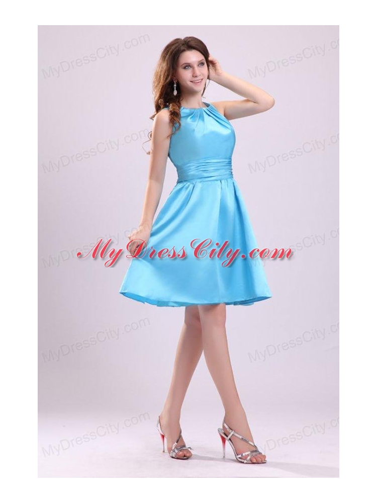 A-line Straps Short Aqua Blue Prom Dress with Ruche