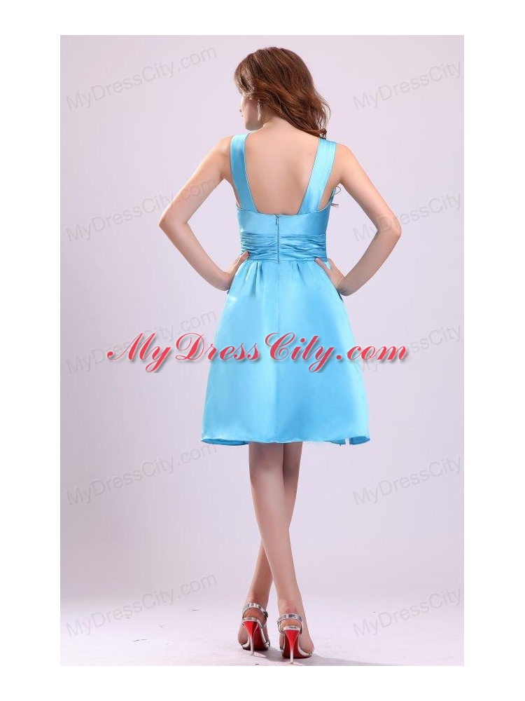 A-line Straps Short Aqua Blue Prom Dress with Ruche